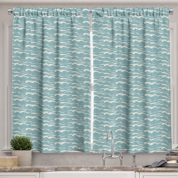 Ambesonne Vintage Kitchen Curtains, Retro Abstract Sea Waves, 55"x30", Pale Slate Blue Eggshell