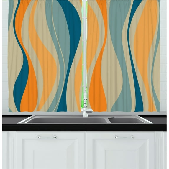 Ambesonne Vintage Kitchen Curtains, Retro Vibrant Stripes, 55"x45", Petrol Blue and Marigold