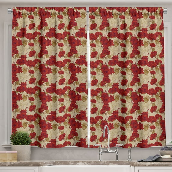 Ambesonne Vintage Kitchen Curtains, Romantic Red Roses, 55"x39", Red Khaki Sand Brown