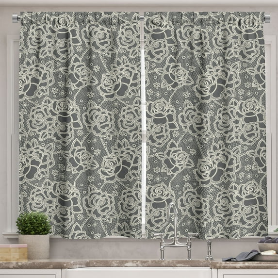Ambesonne Vintage Kitchen Curtains, Romantic Rose Motifs, 55"x45", Dark Taupe Cream