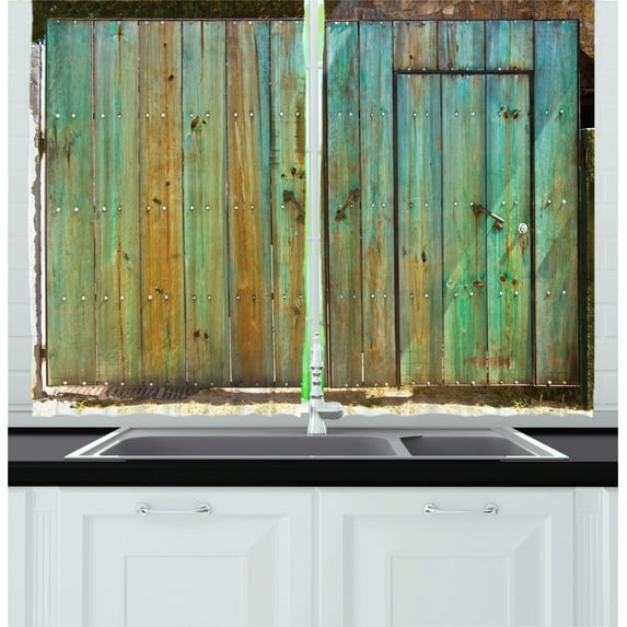 Ambesonne Vintage Kitchen Curtains, Rustic Old Wooden Door Look, 55"x45", Brown and Mint