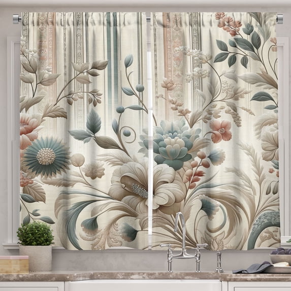 Ambesonne Vintage Kitchen Curtains, Soft Color Floral Nostalgia, 55"x45", Eggshell Pale Slate Blue