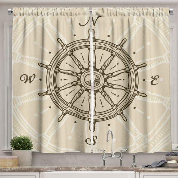 Ambesonne Vintage Kitchen Curtains, Steering Wheel Travel, 55"x45", Beige Brown