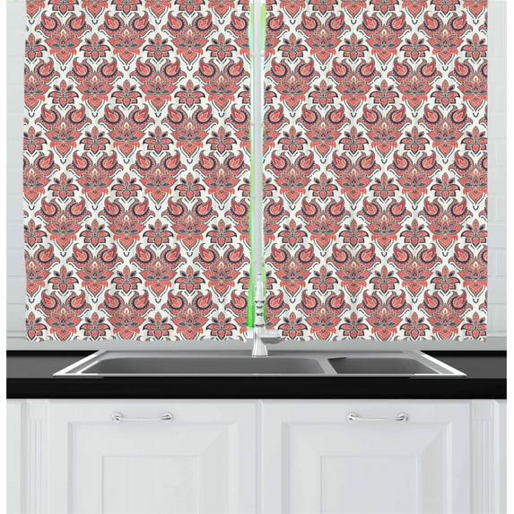 Ambesonne Vintage Kitchen Curtains, Swirled Leaves of Lotus, 55"x39", Salmon Dark Teal Dust