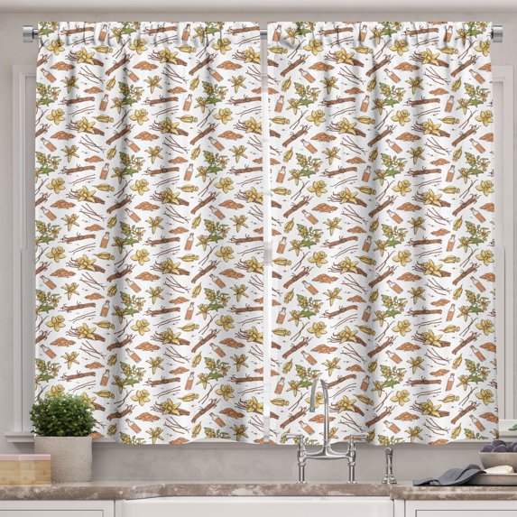 Ambesonne Vintage Kitchen Curtains, Vanilla Twigs Flowers Oil, 55"x39", Pale Cinnamon Mustard
