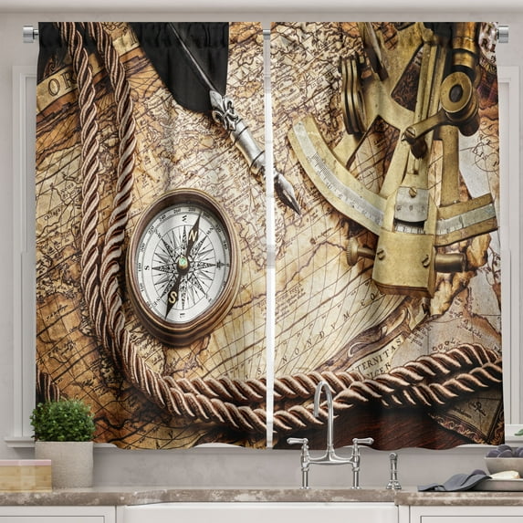 Ambesonne Vintage Kitchen Curtains, Voyage Theme Lifestyle, 55"x45", Cream