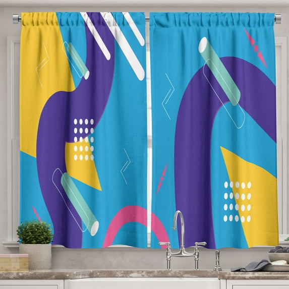 Ambesonne Vintage Kitchen Curtains, Wavy Stripes Dots Pattern, 55"x39", Sky Blue Indigo and Mustard