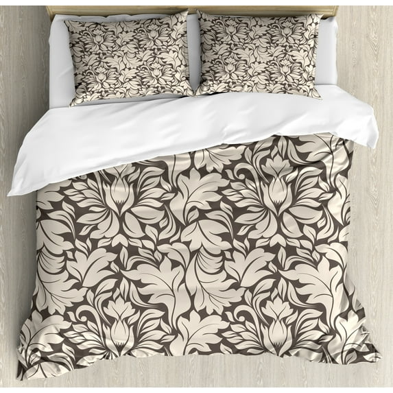 Ambesonne Vintage Leaves Duvet Cover Set, Curved Leaf Pattern, 2-Calking, Taupe and Champagne