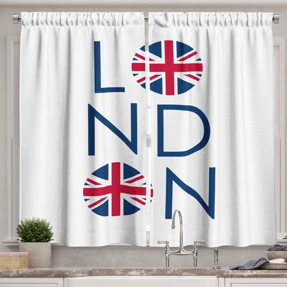 Ambesonne Vintage London Kitchen Curtains, City Name UK Flag, 55"x36", Dark Sky Blue Dark Pink