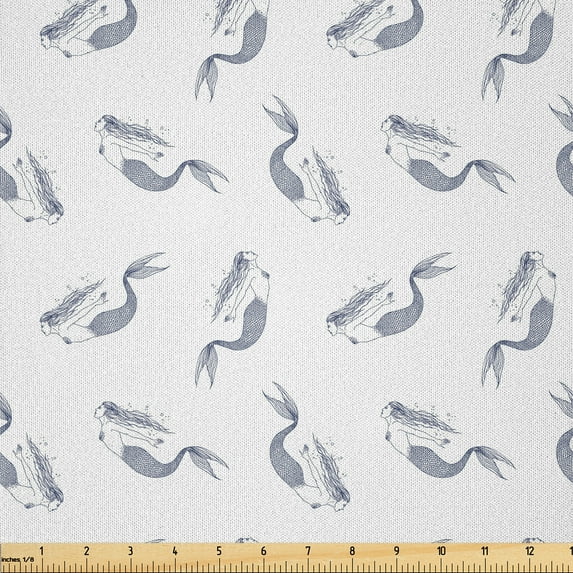 Ambesonne Vintage Mermaid Fabric by the Yard Microfiber, Swimming Fish Girls, 3 Yards, Dark Ceil Blue White