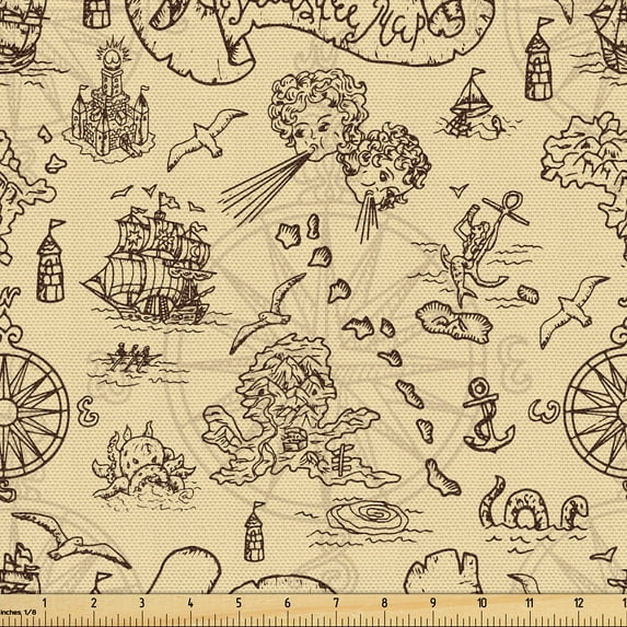Ambesonne Vintage Mermaid Fabric by the Yard Upholstery, Adventure Map Art, 1 Yard, Pale Mustard and Brown