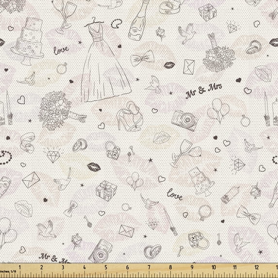 Ambesonne Vintage Mr Mrs Fabric by the Yard Upholstery, Wedding Party Motif, 1 Yard, Ivory Brown