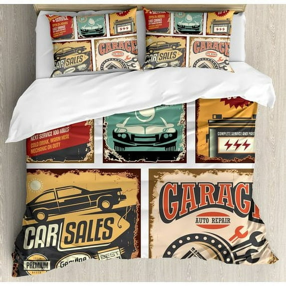 Ambesonne Vintage Nostalgic Art Auto Service Garage Funk Style Highway Logo Repair Road Grunge Decor Duvet Cover Set