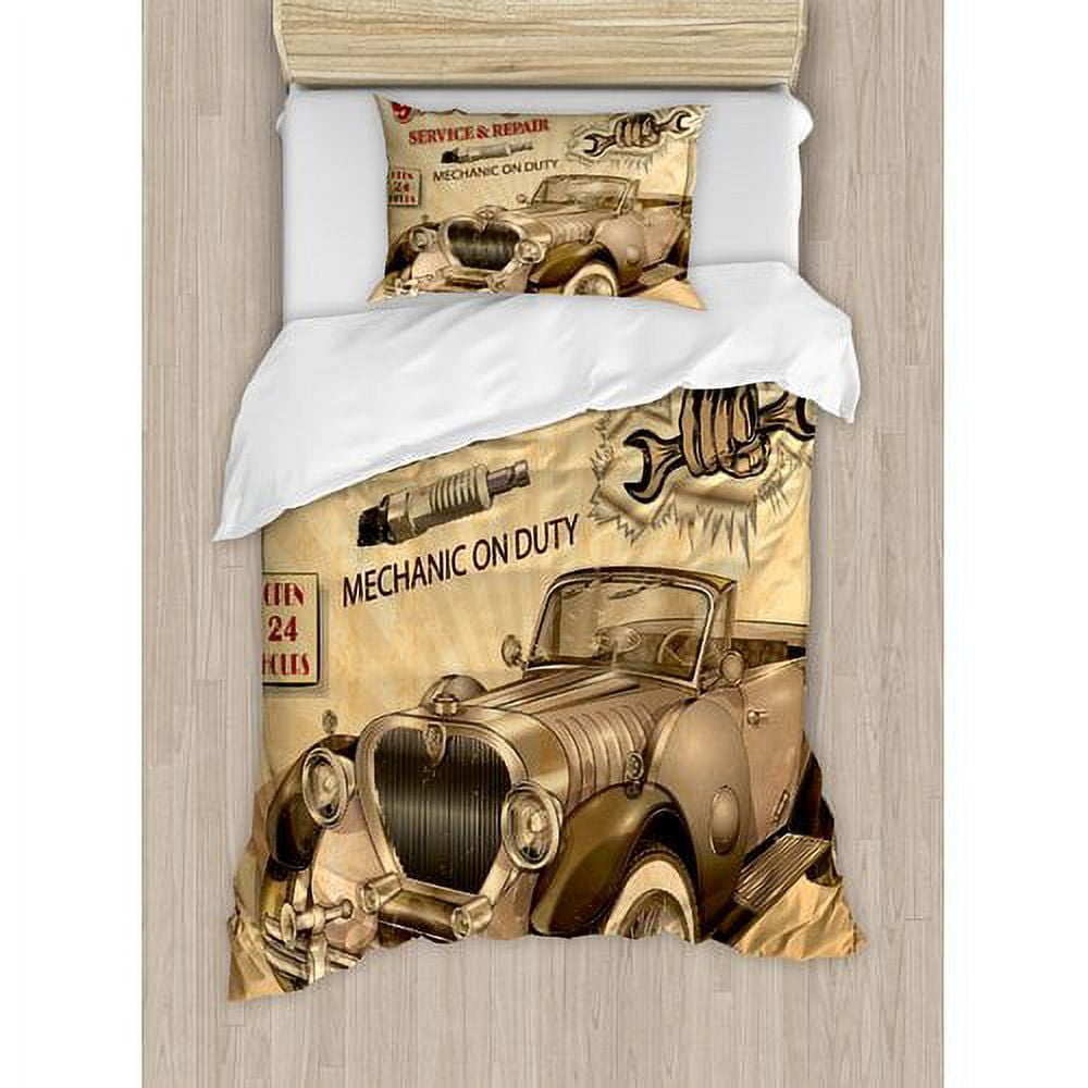 Twin Vintage Car Print Polyester Duvet Cover Set