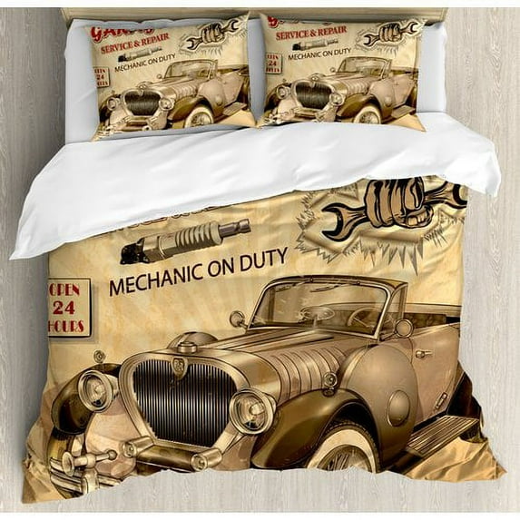 Ambesonne Vintage Nostalgic Car Figure with Garage Service and Repair Store Phrase Dated Faded Duvet Cover Set