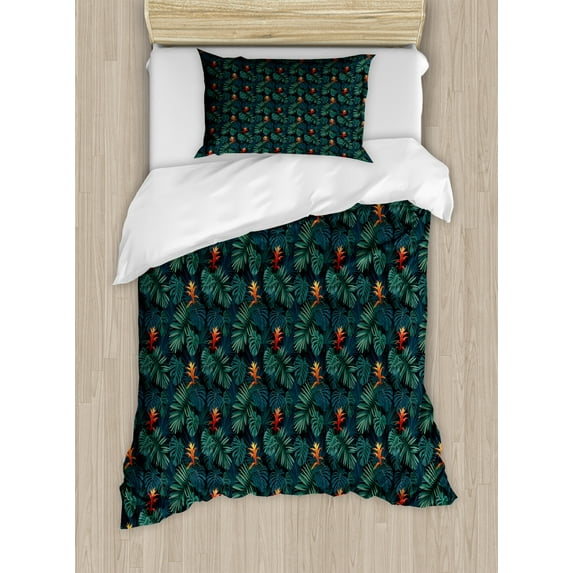 Ambesonne Vintage Palm Duvet Cover Sets, Dark Tones Guzmania, 2-Twin, Dark Green Multicolor
