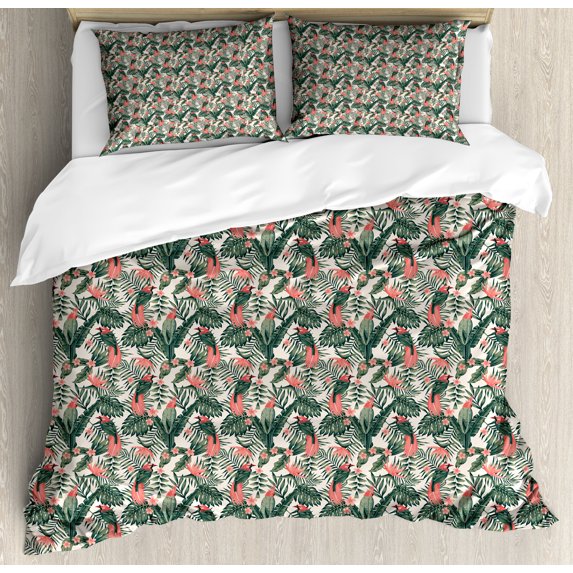 Ambesonne Vintage Palm Duvet Cover Sets, Leaves and Parrot Art, 2-Queen, Ivory and Multicolor