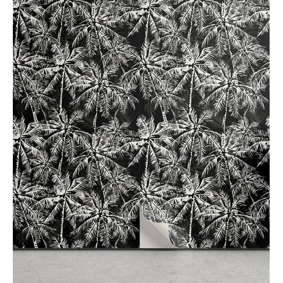 Ambesonne Vintage Palm Peel & Stick Wallpaper for Home, Jungle Scene Island, 13"x36", Charcoal Grey and White