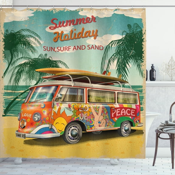 Ambesonne Vintage Palm Shower Curtain, Summer Holiday Beach, 69"Wx84"L, Multicolor