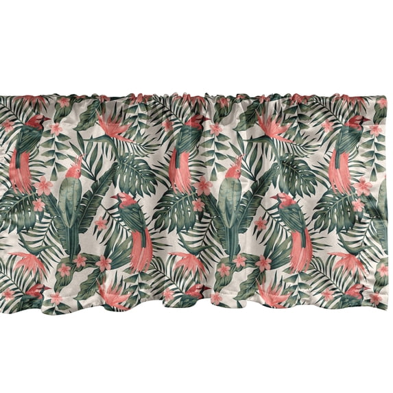 Ambesonne Vintage Palm Window Valance, Leaves and Parrot Art, 42" x 12", Ivory and Multicolor
