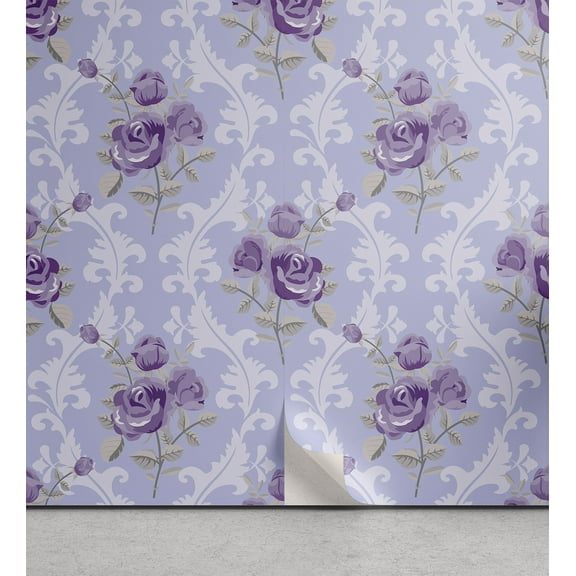 Ambesonne Vintage Peel & Stick Wallpaper for Home, Antique Waves Roses, 13"x36", Pale Blue Lavender