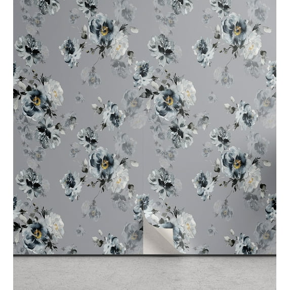 Ambesonne Vintage Peel & Stick Wallpaper for Home, Art Flowers Romantic Summer, 13"x72", Pale Blue Grey and Marigold