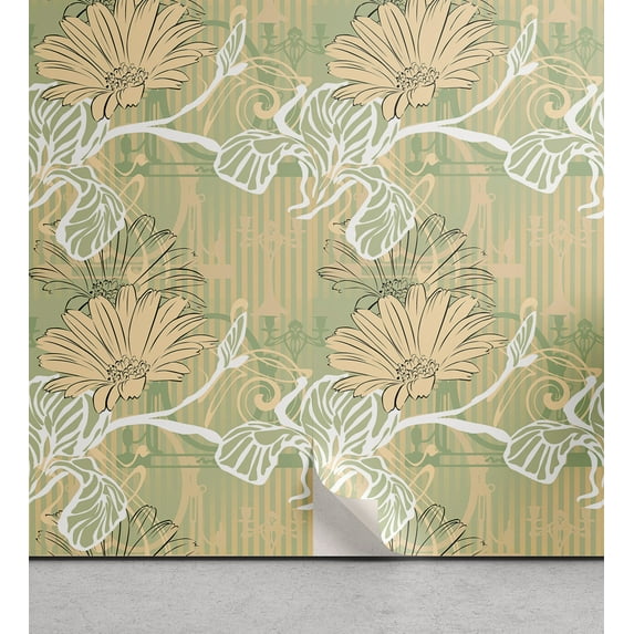 Ambesonne Vintage Peel & Stick Wallpaper for Home, Art Nouveau Retro Floral, 13"x72", Pistachio Green and Peach