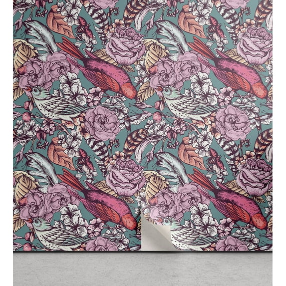 Ambesonne Vintage Peel & Stick Wallpaper for Home, Blooming Flowers Birds Plot, 13"x36", Pastel Pink Slate Blue