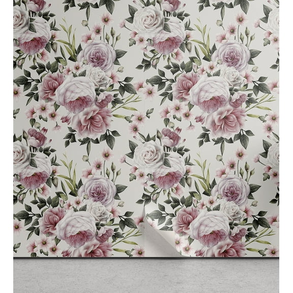 Ambesonne Vintage Peel & Stick Wallpaper for Home, Blooming Love Flowers Print, 13"x36", Army Green and Pastel Pink