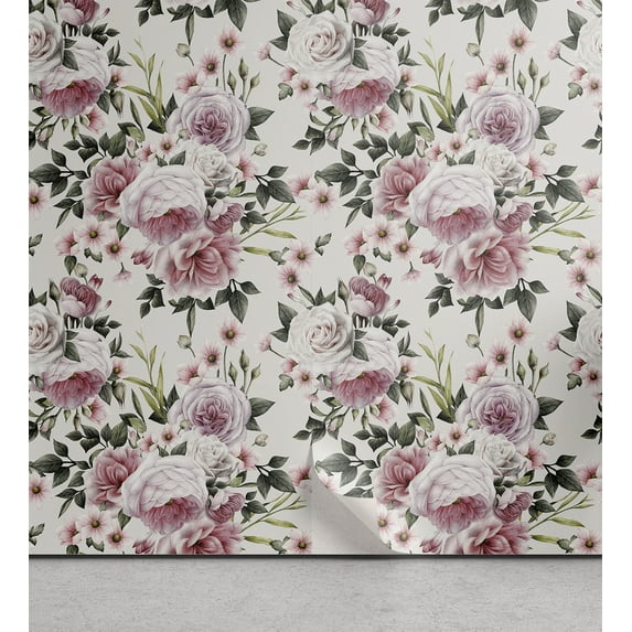 Ambesonne Vintage Peel & Stick Wallpaper for Home, Blooming Love Flowers Print, 13"x36", Army Green and Pastel Pink