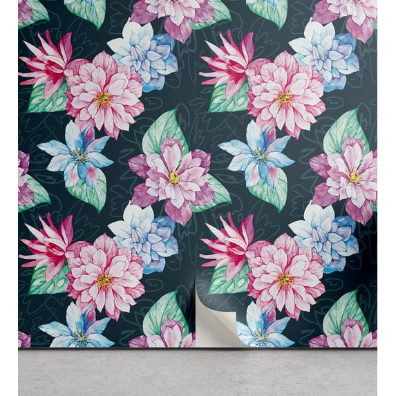 Ambesonne Vintage Peel & Stick Wallpaper for Home, Botanical Hand-Drawn Flower, 13"x72", Pink Sea Green and Grey