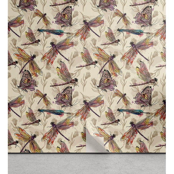 Ambesonne Vintage Peel & Stick Wallpaper for Home, Colorful Dragonflies Art, 13"x36", Pale Purple and Sky Blue