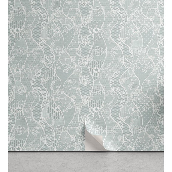 Ambesonne Vintage Peel & Stick Wallpaper for Home, Floral Lace Pattern, 13"x36", Seafoam and White