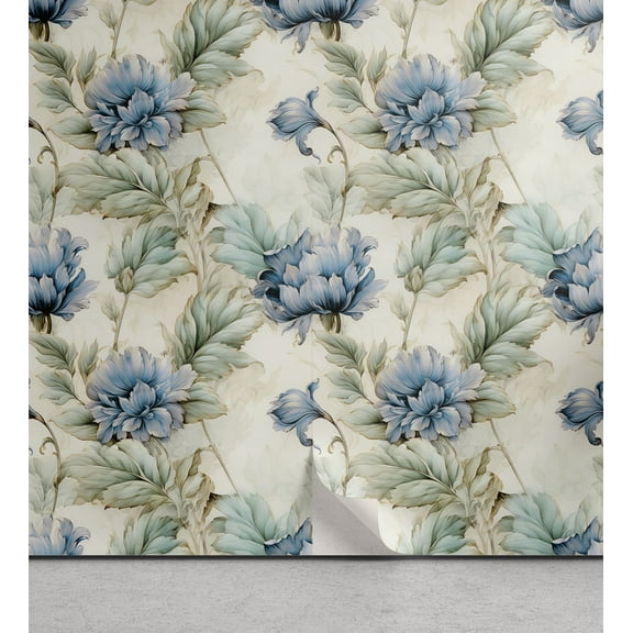 Ambesonne Vintage Peel & Stick Wallpaper for Home, Flourishing Leaves Floral, 13"x100", Blue Laurel Green and Ivory