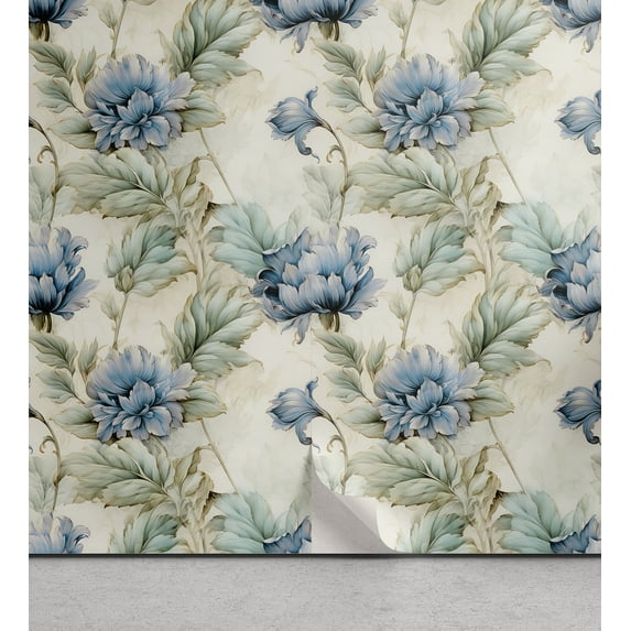 Ambesonne Vintage Peel & Stick Wallpaper for Home, Flourishing Leaves Floral, 13"x36", Blue Laurel Green and Ivory