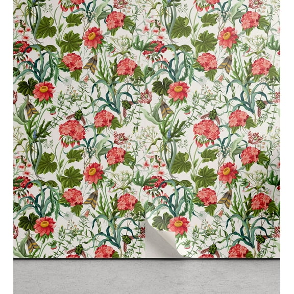 Ambesonne Vintage Peel & Stick Wallpaper for Home, Geraniums Wild Flowers Art, 13"x36", Dark Coral and Hunter Green
