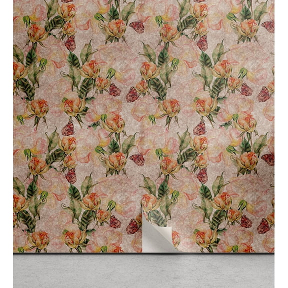 Ambesonne Vintage Peel & Stick Wallpaper for Home, Grunge Roses Butterflies, 13"x36", Peach and Olive Green