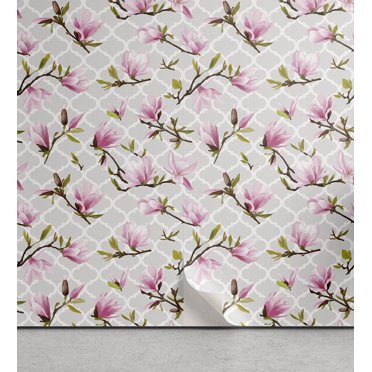 Ambesonne Vintage Peel & Stick Wallpaper for Home, Magnolia Flower Pattern, 13"x36", Pale Pink Pale Grey