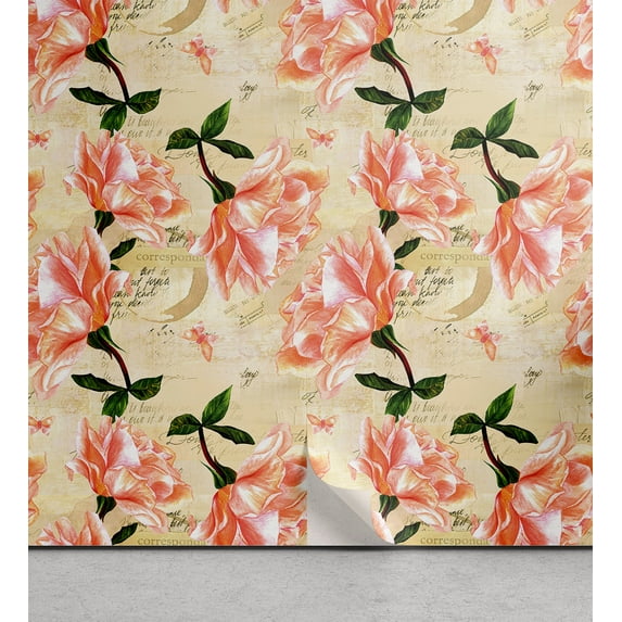 Ambesonne Vintage Peel & Stick Wallpaper for Home, Nostalgic Details Flowers, 13"x100", Beige Coral and Green