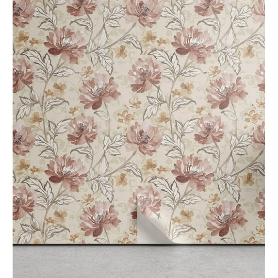 Ambesonne Vintage Peel & Stick Wallpaper for Home, Nostalgic Floral Print Art, 13"x100", Eggshell and Pale Ruby