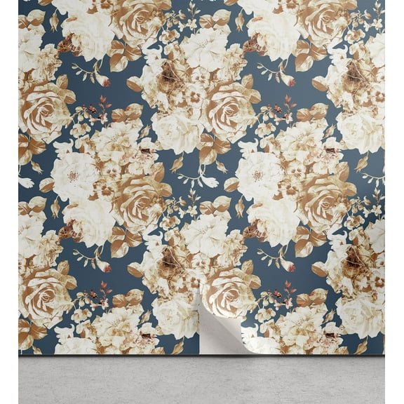 Ambesonne Vintage Peel & Stick Wallpaper for Home, Nostalgic Summer Flowers, 13"x36", Persian Orange and Slate Blue