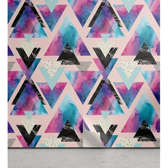 Ambesonne Vintage Peel & Stick Wallpaper for Home, Overlapped Triangles Plot, 13"x72", Hot Pink Purple and Blue