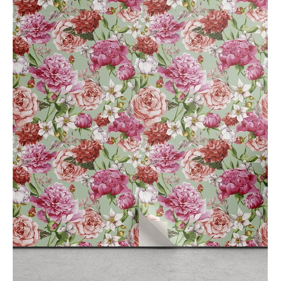Ambesonne Vintage Peel & Stick Wallpaper for Home, Peonies Roses Watercolor, 13"x72", Pastel Pink Almond Green