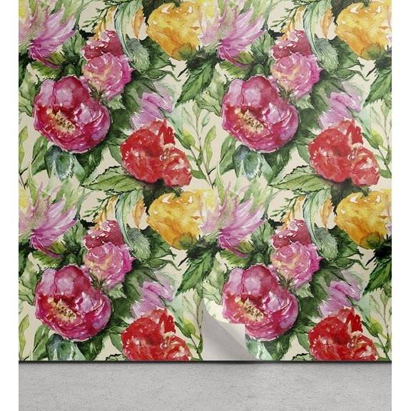 Ambesonne Vintage Peel & Stick Wallpaper for Home, Peony Rose Flowers Pattern, 13"x36", Dark Orange Fern Green