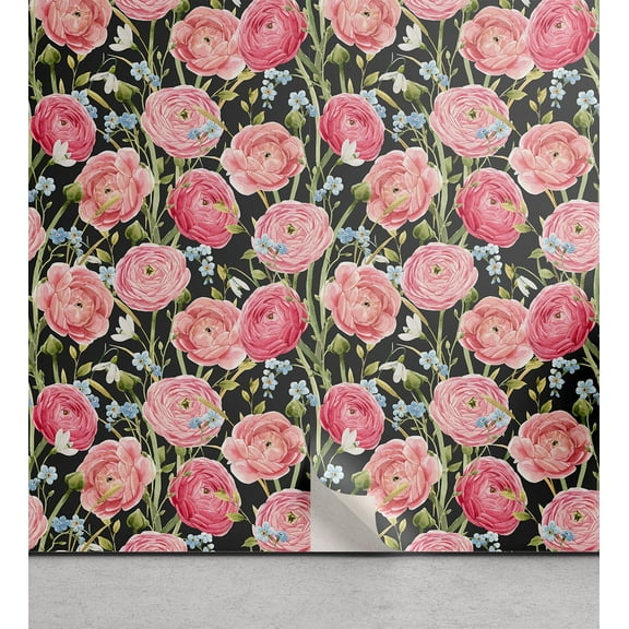 Ambesonne Vintage Peel & Stick Wallpaper for Home, Pink-Tone Summer Flowers, 13"x100", Dark Coral and Olive Green