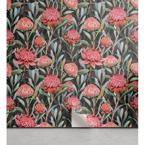 Ambesonne Vintage Peel & Stick Wallpaper for Home, Repeating Protea Flowers, 13"x72", Pale Pink and Laurel Green
