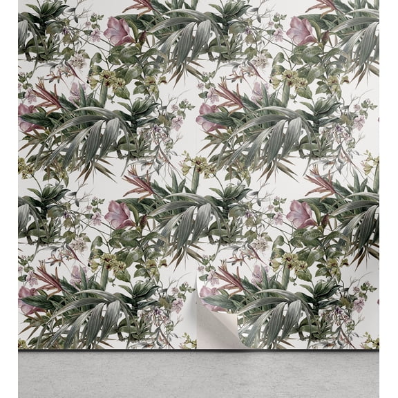 Ambesonne Vintage Peel & Stick Wallpaper for Home, Retro Bloom Exotic Leaves, 13"x36", Reseda Green and Rose