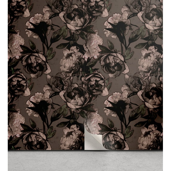 Ambesonne Vintage Peel & Stick Wallpaper for Home, Retro Grunge Earthy Peony, 13"x72", Umber Dark Brown