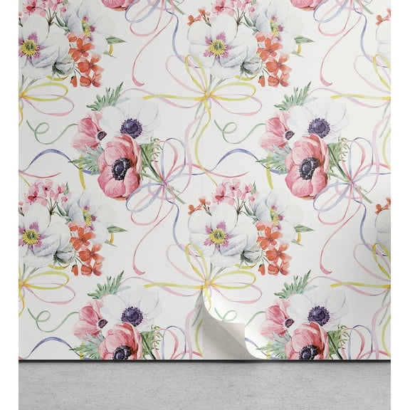 Ambesonne Vintage Peel & Stick Wallpaper for Home, Ribbon Lines Flowers Art, 13"x100", Pistachio Green Mustard