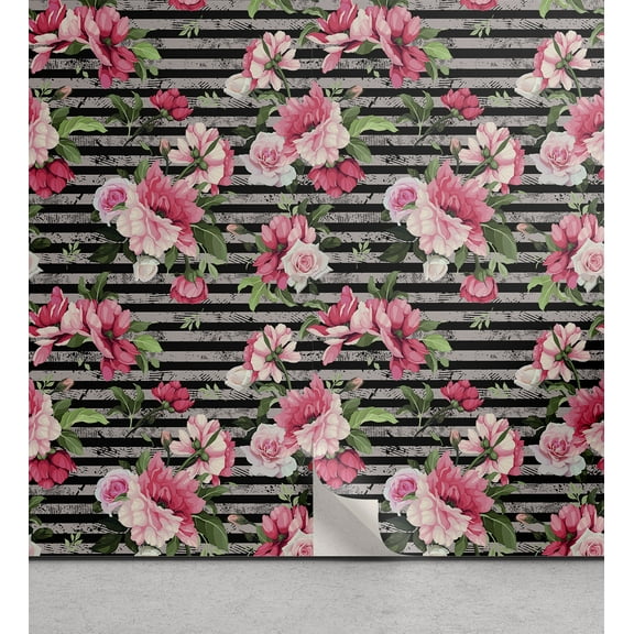 Ambesonne Vintage Peel & Stick Wallpaper for Home, Roses Horizontal Lines Art, 13"x36", Pastel Pink and Olive Green